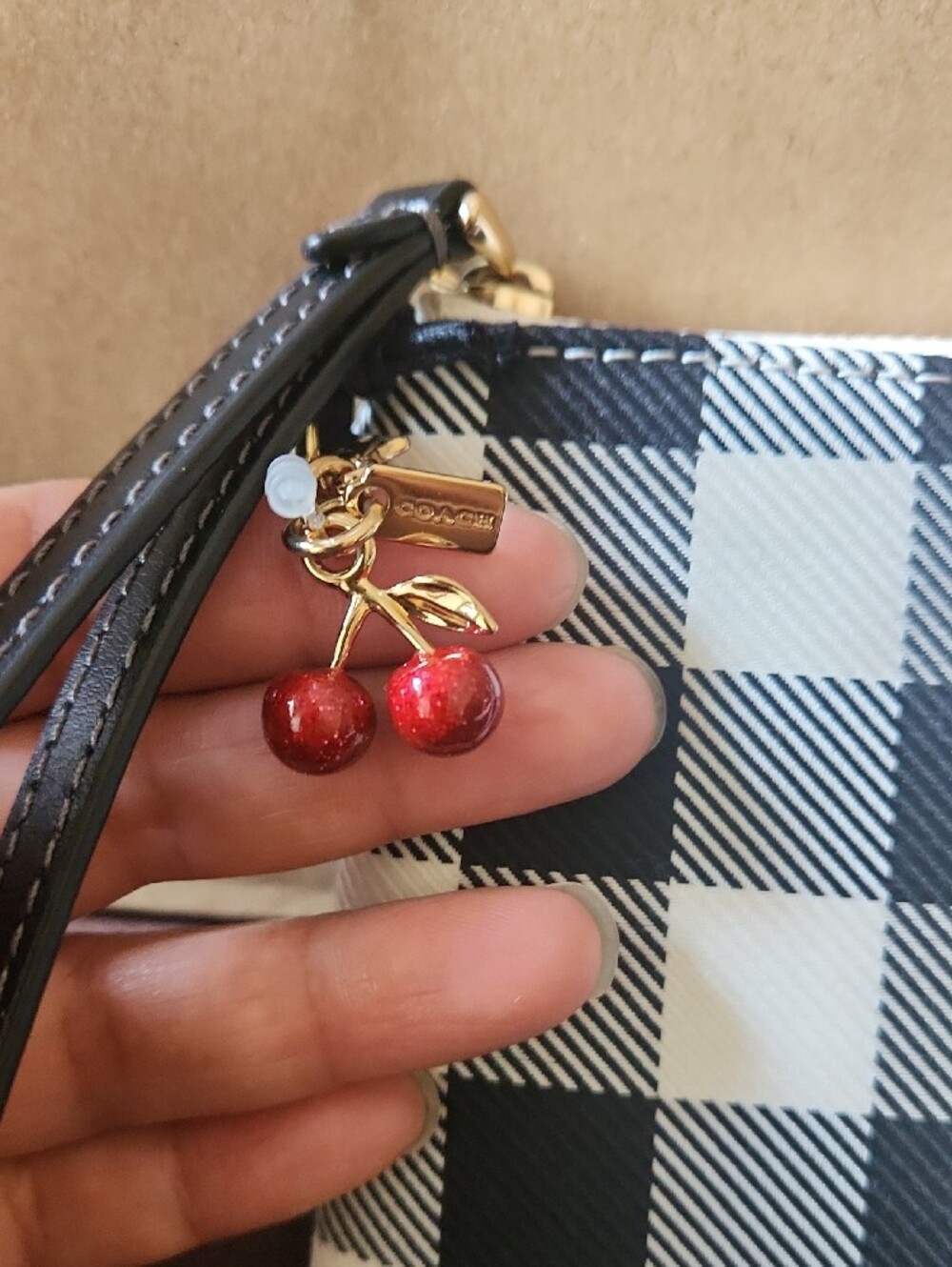 Coach Black and White Buffalo Plaid Wristlet Pouch with Gold Hardware With Charm - Picture 3 of 5